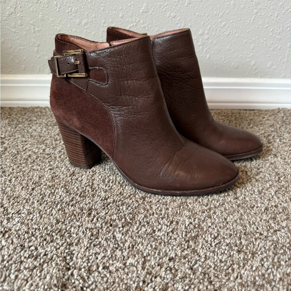 Louise et Cie Brown Leather and Suede Ankle Booties Block Heel Size 6 1/2 Women - Picture 1 of 10